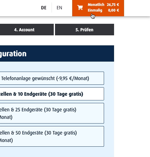 Warenkorb animiert Geöffneter Warenkorb im Easybell-Bestellprozess