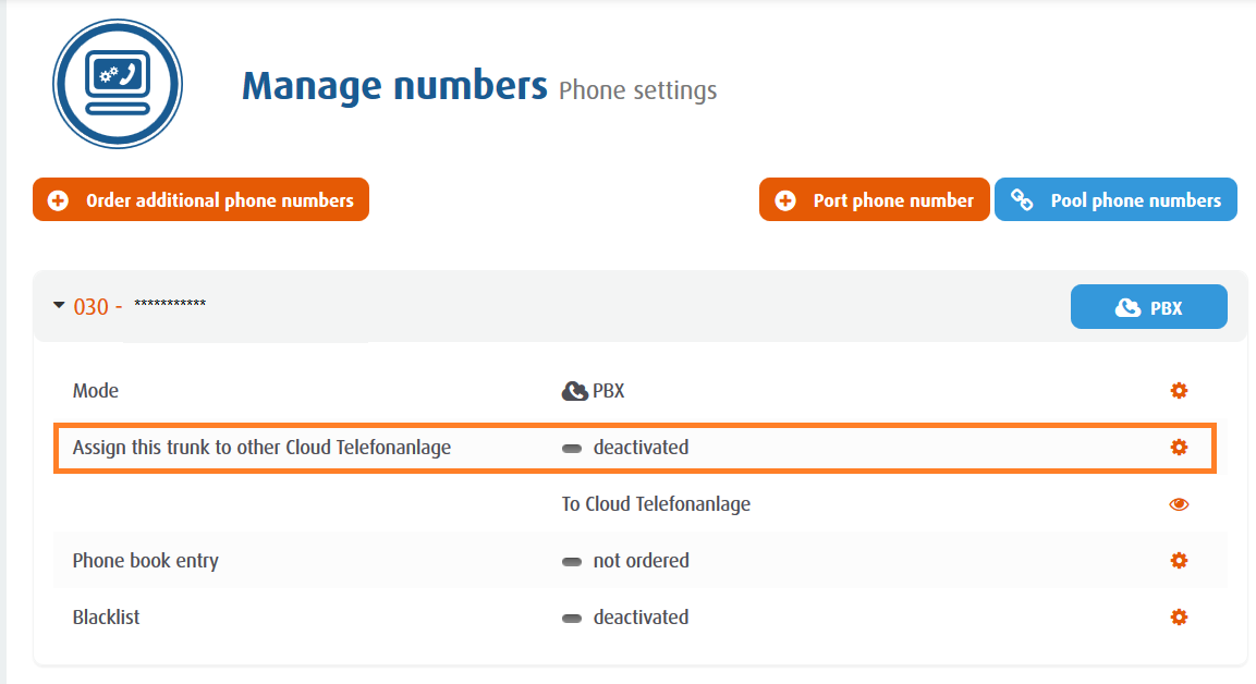 Branch capability - manage numbers Screenshot: Manage numbers view with gear symbol to assign trunk to other Cloud Telefonanlage