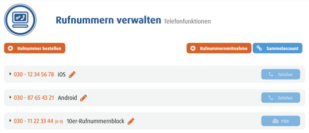 Rufnummernverwaltung Überblick mit drei Rufnummern, darunter ein 10er-Rufnummernblock