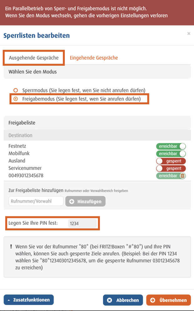Benutzeroberfläche zur Bearbeitung von Sperrlisten für ausgehende Anrufe im Freigabemodus