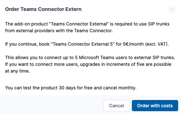 Order form for Teams Connector External for connecting external SIP trunks to Microsoft Teams with test phase and instructions