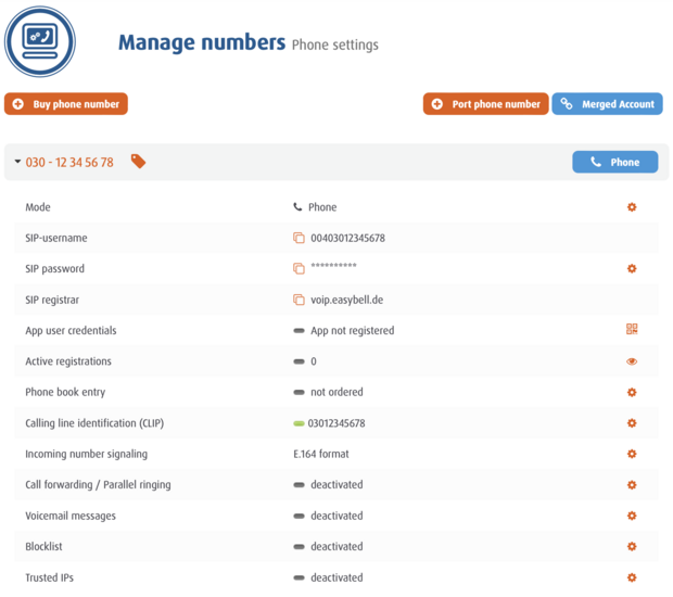 Easybell customer portal in phone mode showing SIP details and both enabled and disabled phone features