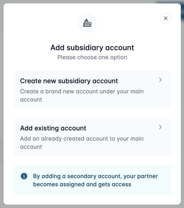 Selection window for adding a sub-account with options “Create new sub-account” and “Add existing account”