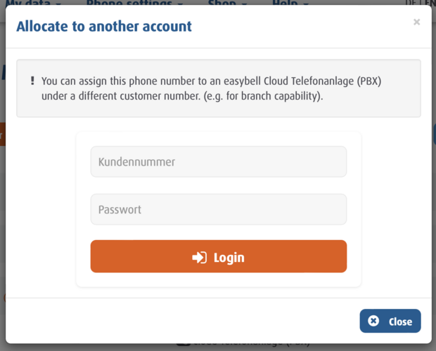 Login screen for assigning a trunk to another cloud phone system in the Easybell customer portal