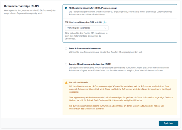 Easybell-Einstellung für CLIP no screening mit Auswahl des SIP-Headers zur Übermittlung der Anrufer-ID durch die Telefonanlage
