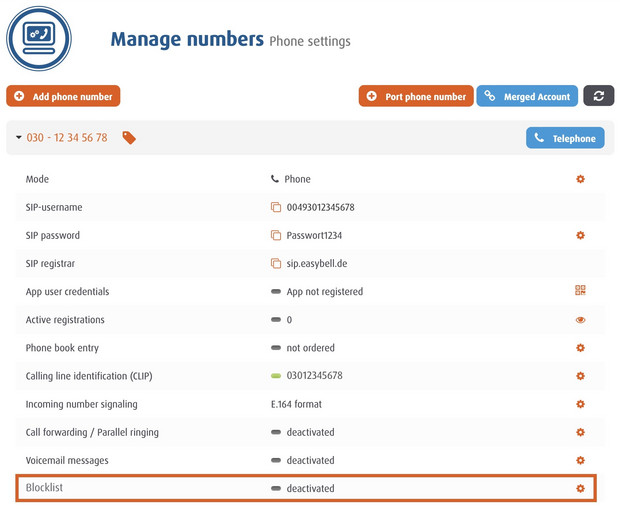 Setting for managing phone numbers in the Easybell customer portal with block list deactivated