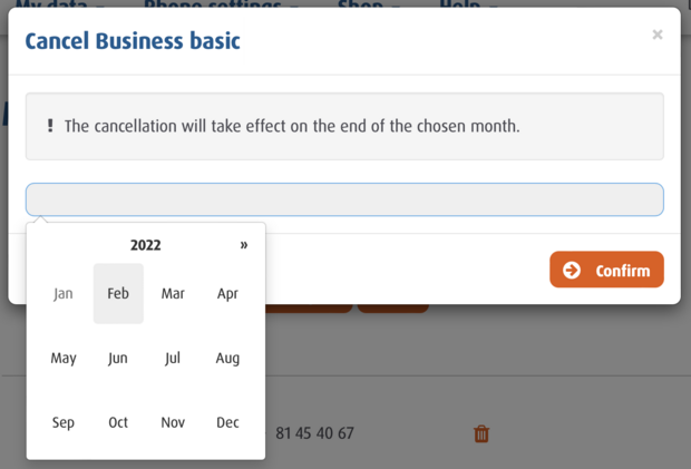 Easybell cancellation interface with date selection for contract end and confirmation button