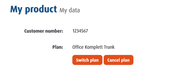 interface showing customer number, active Business basic plan, and options to change or cancel the plan