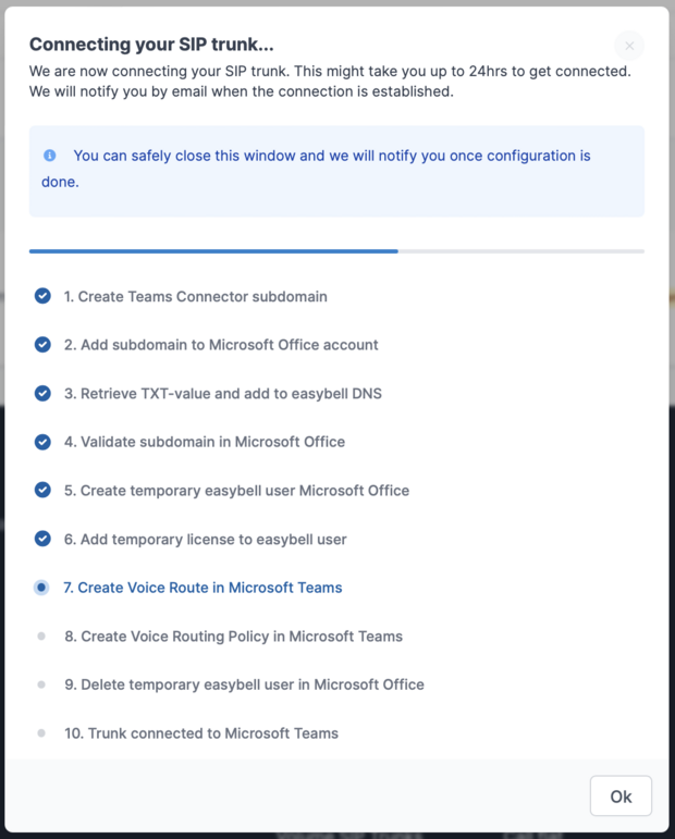 Progress display for SIP trunk connection in Teams Connector with 10 setup steps