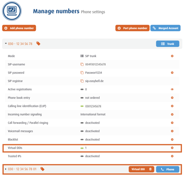 User interface in the Easybell customer portal with virtual extension activated for a managed phone number