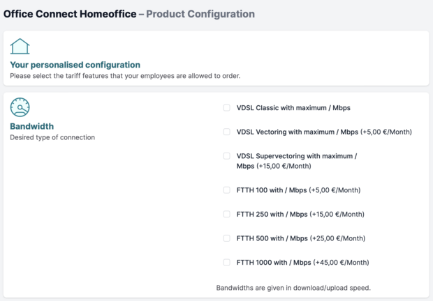 Configuration page for Easybell Home Office Connect with selection of bandwidth options from ADSL to fiber