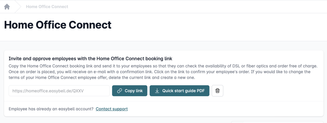 Interface for managing a Home Office Connect booking link with instructions and sharing options