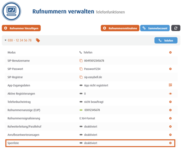instellung für Rufnummern verwalten im Easybell Kundenportal mit deaktivierter Sperrliste