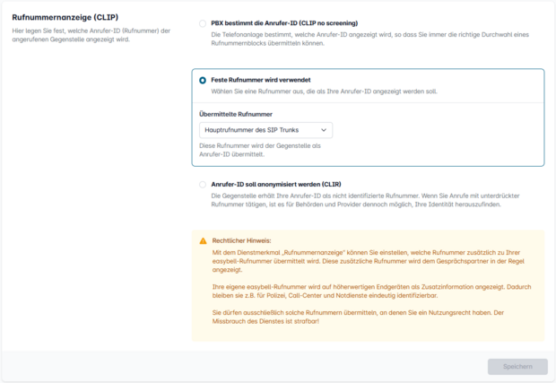 Easybell-Einstellung zur festen Rufnummernanzeige mit Auswahl der Hauptfirmenrufnummer als Anrufer-ID