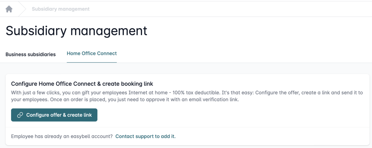 Easybell account management with option to create a Home Office Connect booking link