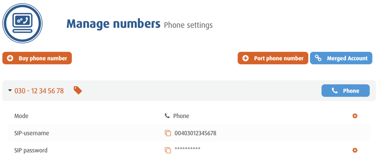 Easybell customer portal: managing phone numbers showing SIP username and protected SIP password
