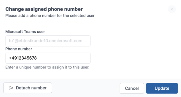 Number assignment form for Microsoft Teams users as part of the Easybell Teams integration