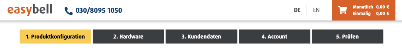 Order4 Ablauf Topmenü des Easybell-Bestellprozesses mit fünf Schritten und hervorgehobener Produktkonfiguration