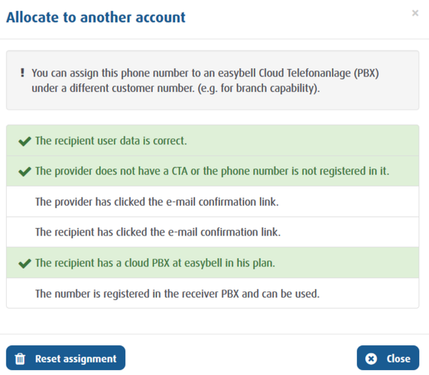 Branch capability - view to allocate another account Status overview for assigning a phone number to another customer account in the Easybell customer portal with confirmation steps