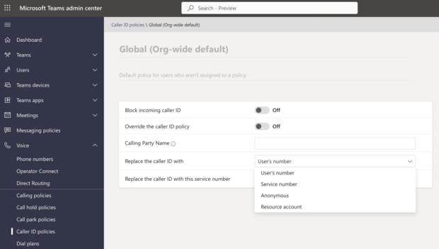 Teams admin center with caller ID policy settings, including replace with service number or anonymous
