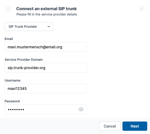 Teams Connector: Connection of an external SIP trunk with fields for provider, domain, user name and password