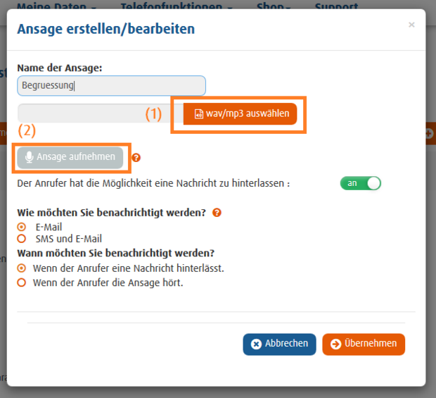 Easybell Kundenportal Einstellungsseite zur Erstellung einer Ansage mit Datei-Upload, Aufnahmefunktion und Benachrichtigungsoptionen