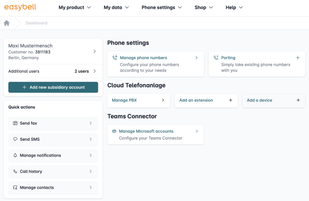 Easybell customer portal with user overview, telephony settings, and cloud telephone system
