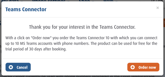 Confirmation window for ordering the Easybell Teams Connector with 30-day trial notice and order button