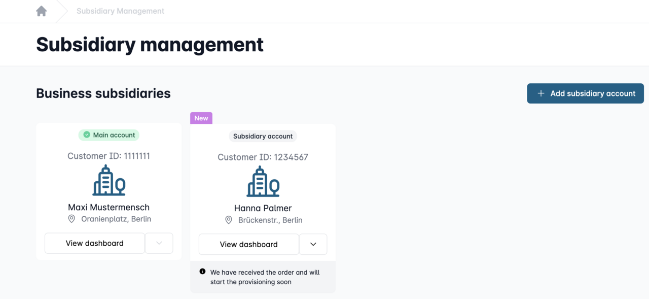 Location management with main and sub-account, both company locations in Berlin