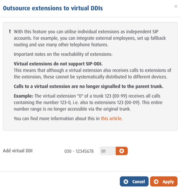 Feature in the Easybell customer portal for assigning phone numbers to virtual extensions with usage notes