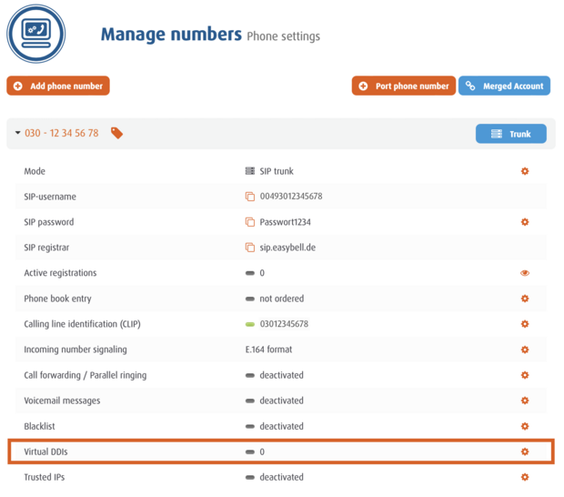 Phone number management in trunk mode with highlighted, disabled “Trusted IPs” setting