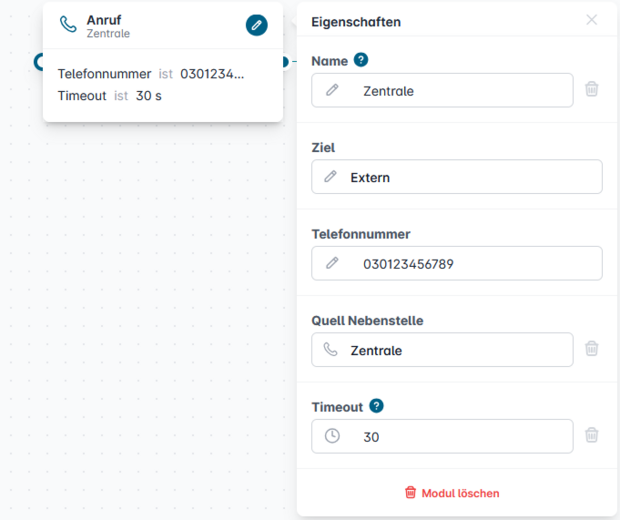 Benutzeroberfläche des Call Flow Creators mit Anrufmodul und Konfigurationsfeldern für Telefonnummer und Timeout