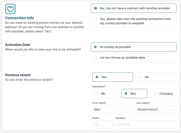 Form for entering connection details in Easybell Home Office Connect with options for new connection, activation date, and customer information