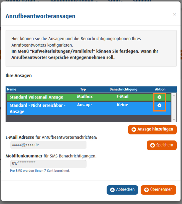 Einstellungsseite für Anrufbeantworteransagen mit konfigurierbarer Standardansage und E-Mail-Benachrichtigung