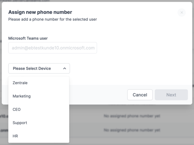 Dialogue for assigning a telephone number and a device for Microsoft Teams users in the cloud telephone system