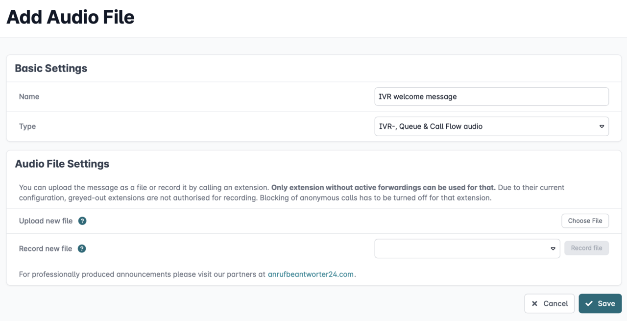 Settings for adding an IVR audio file with options to upload or record