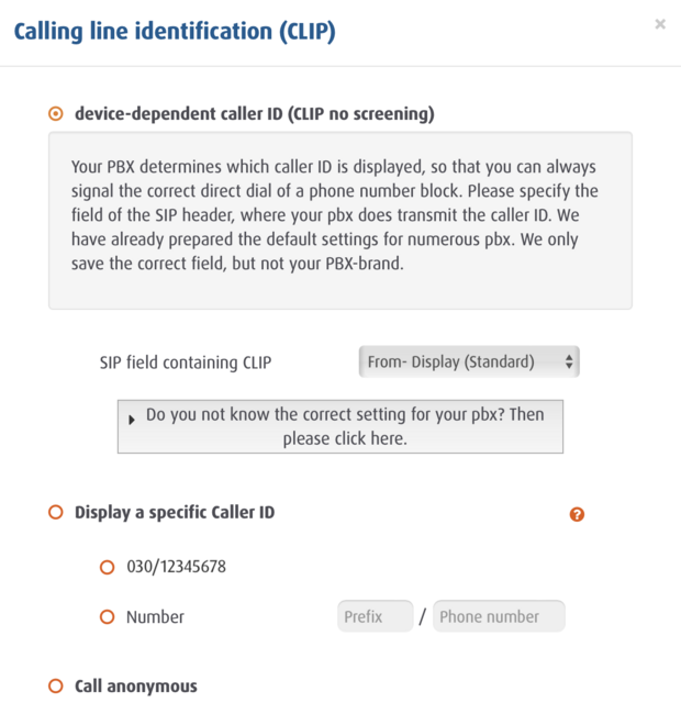 CLIP in the From-Display field Settings page in Easybell portal with options for caller ID, custom number display, and number suppression