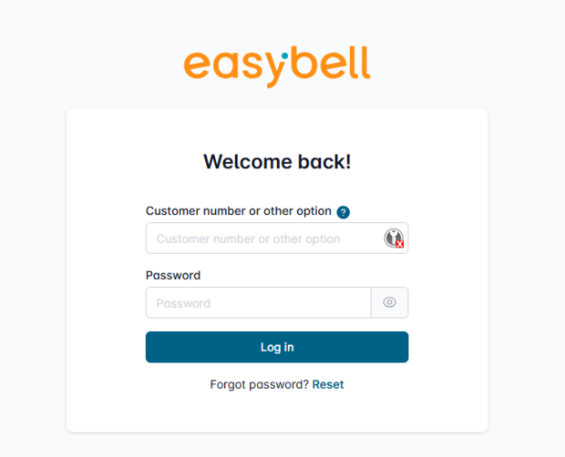 Easybell customer portal login page with fields for customer number and password