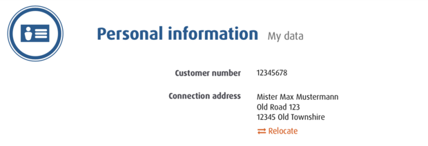 Personal data in the Easybell customer area with customer number, connection address, and option to request a move