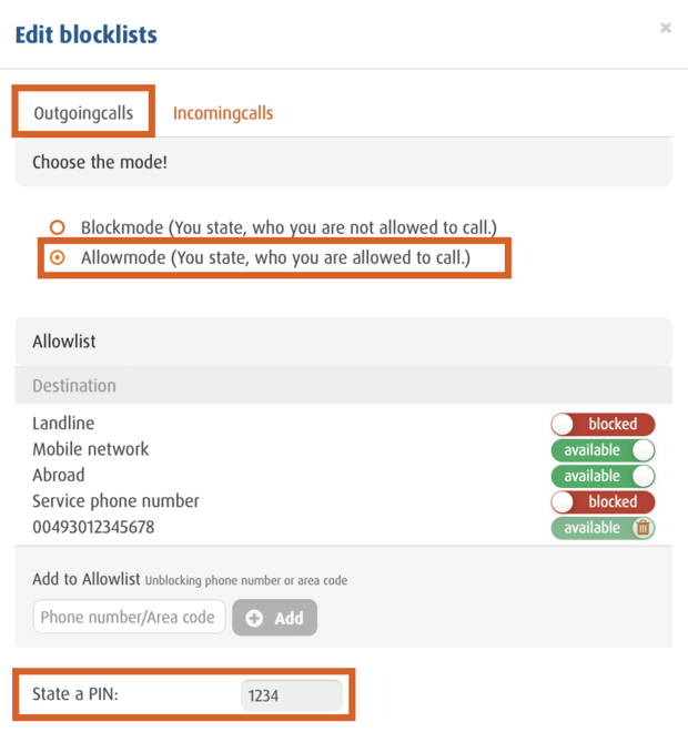 User interface for editing outgoing call block lists in allowlist mode