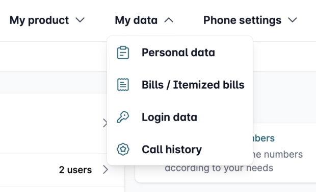 “My Data” dropdown menu in the Easybell customer portal with four selection options