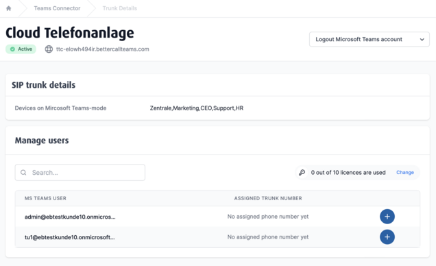 Teams Connector: Trunk details of a cloud PBX with SIP trunk status and user management