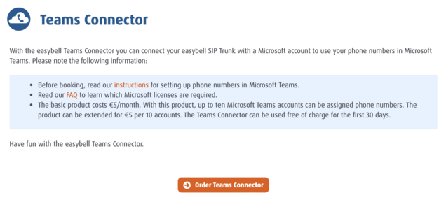 Order page for the Easybell Teams Connector with product description and “Order Teams Connector” button