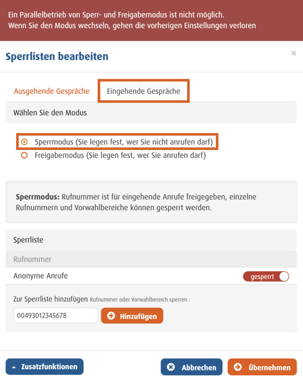Benutzeroberfläche zur Bearbeitung von Sperrlisten für eingehende Anrufe im Sperrmodus