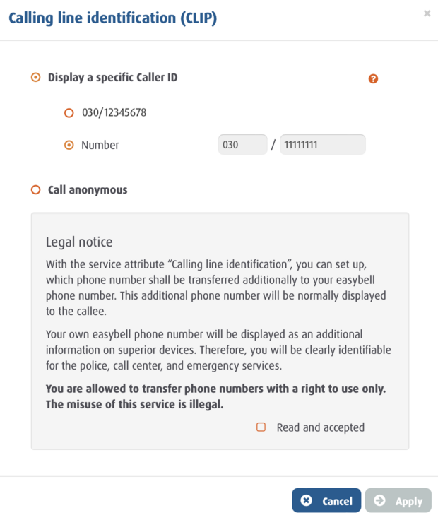 Easybell settings page for caller ID with custom number and legal notice