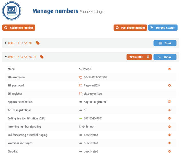 User interface for managing Easybell phone numbers with SIP details and deactivated additional features