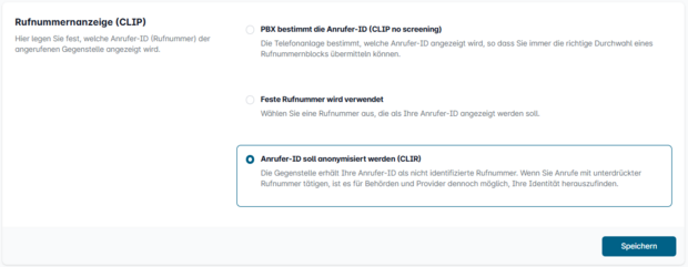 Easybell-Einstellungen zur Rufnummernanzeige mit Optionen für PBX, feste Rufnummer oder anonyme Anrufer-ID
