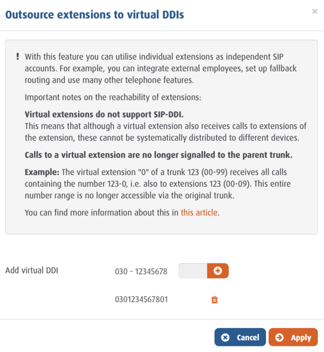 User interface in the Easybell customer portal for assigning numbers to virtual extensions with reachability notes